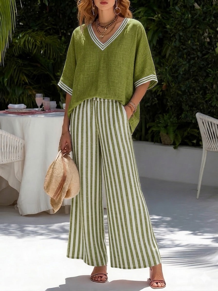 Women's Linen V-Neck Top and Striped Wide Leg Trousers Two-Piece Set