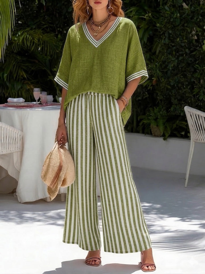Women's Linen V-Neck Top and Striped Wide Leg Trousers Two-Piece Set