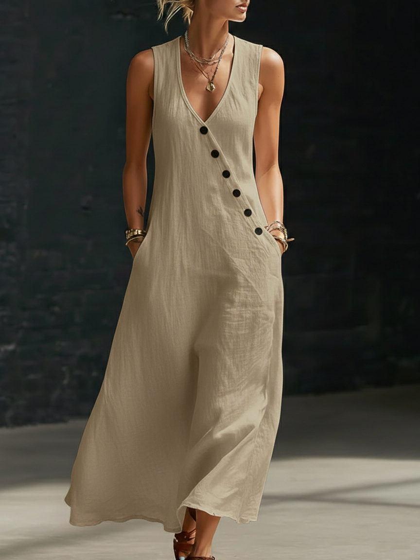 Linen Button-Up Women's Maxi Dress Sleeveless Sundress