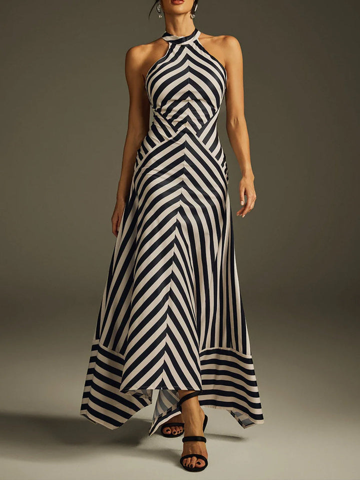 Womens Halter Striped Backless Linen Maxi Dress