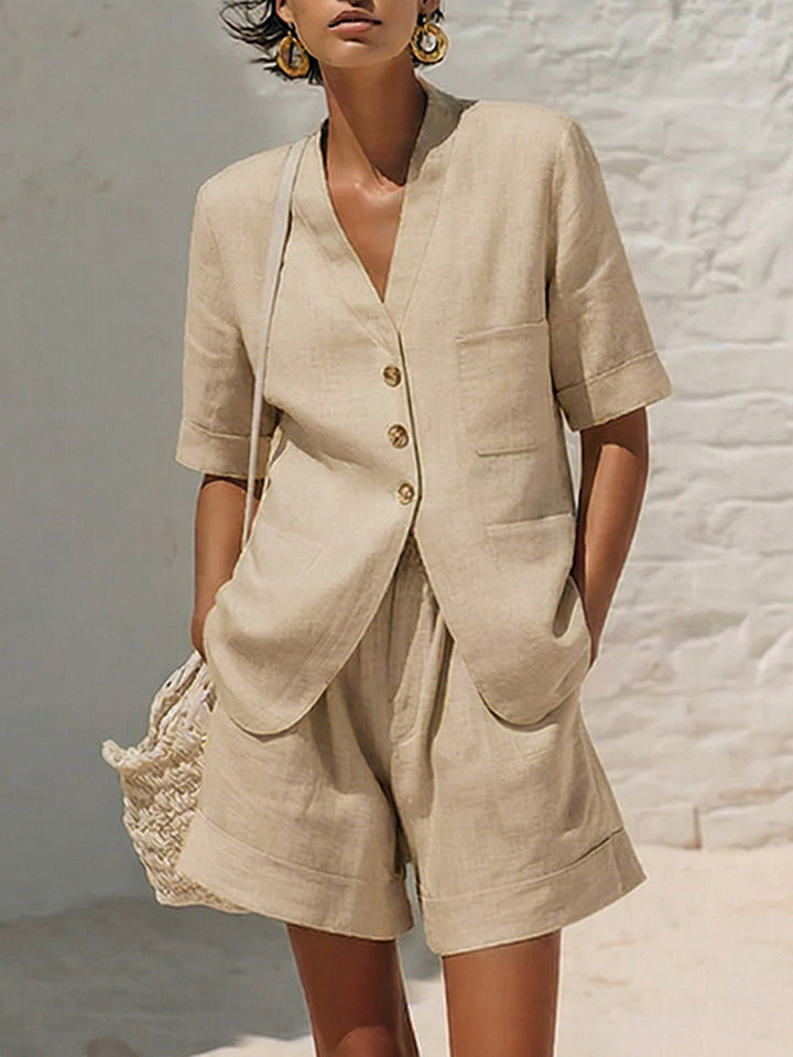 Women's Linen Two Piece Set  V-Neck Short Sleeve Button-Up & Shorts