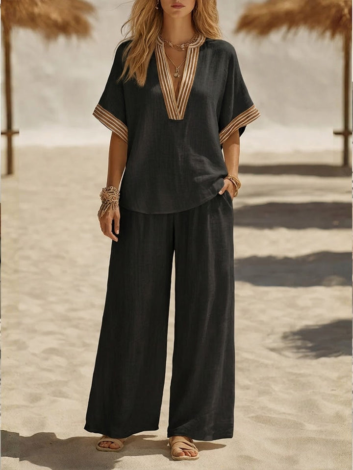 Women's Linen Two Piece Set Wide Leg Trousers and V Neck Top Co-ord