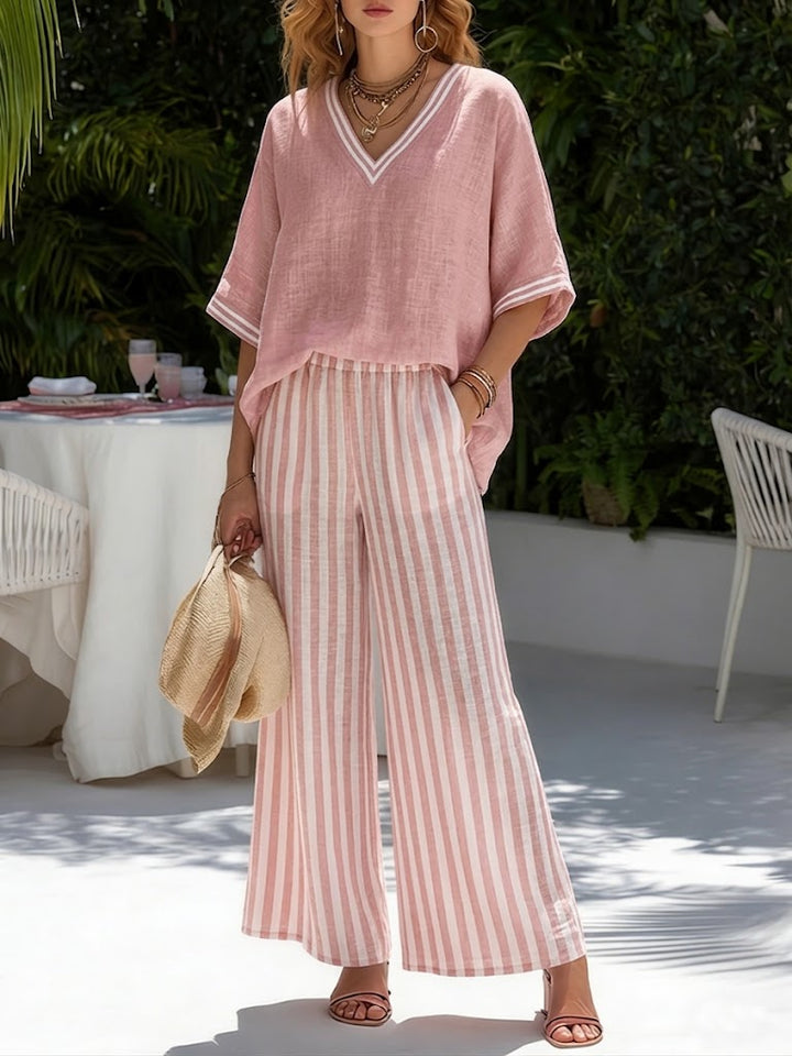 Women's Linen V-Neck Top and Striped Wide Leg Trousers Two-Piece Set