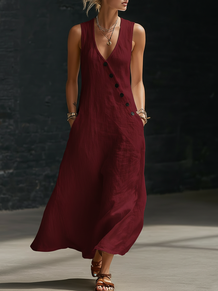 Linen Button-Up Women's Maxi Dress Sleeveless Sundress