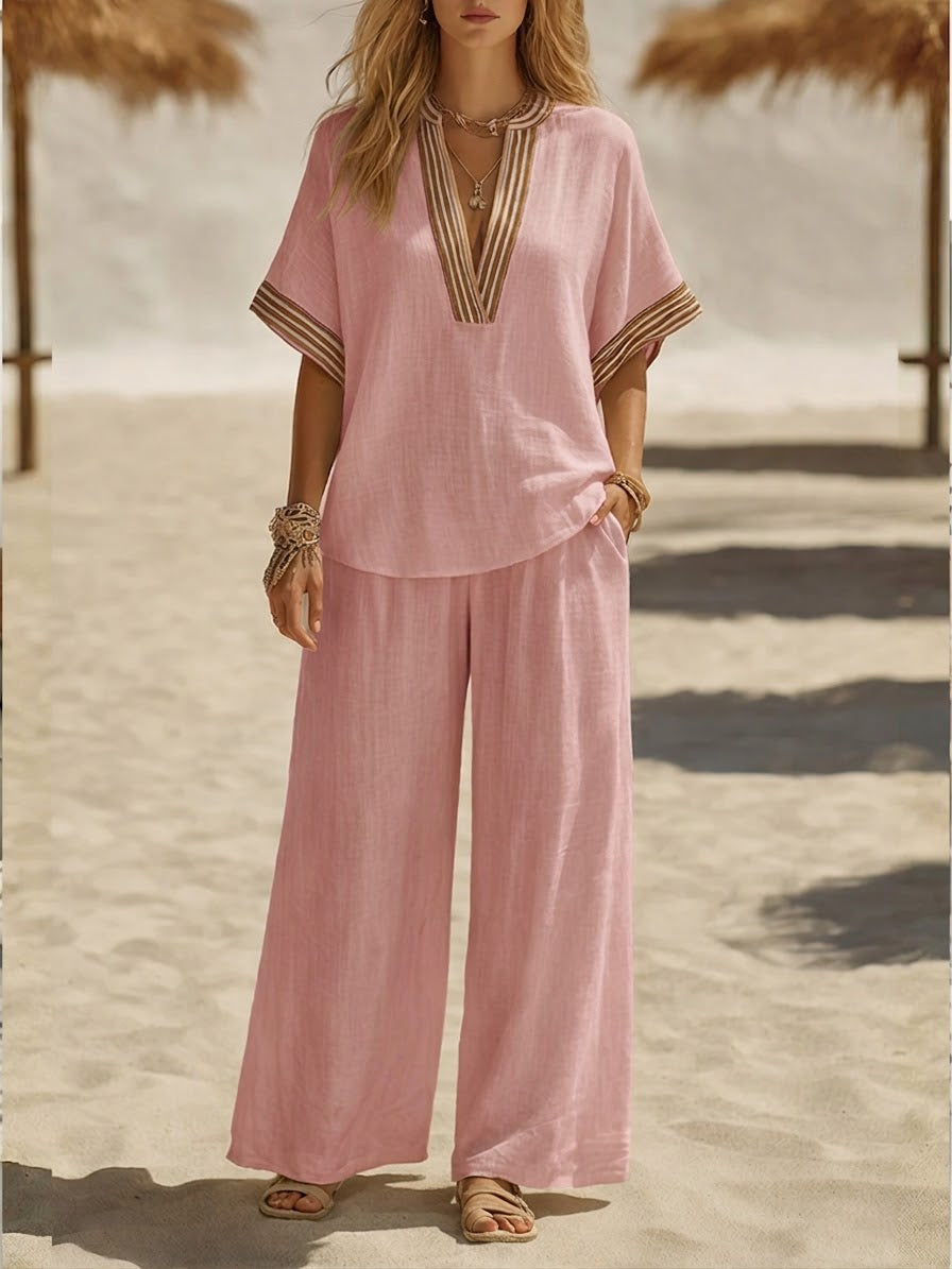 Women's Linen Two Piece Set Wide Leg Trousers and V Neck Top Co-ord