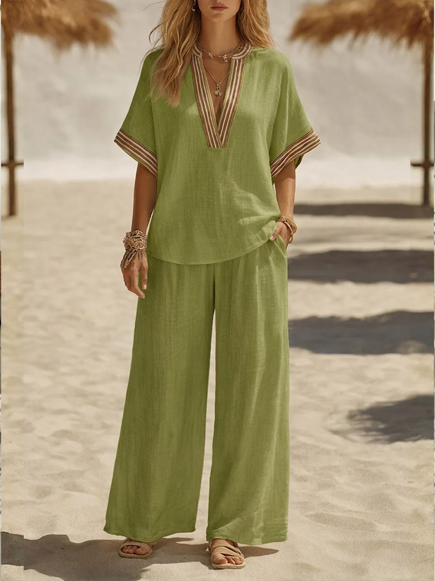 Women's Linen Two Piece Set Wide Leg Trousers and V Neck Tunic Top Outfit