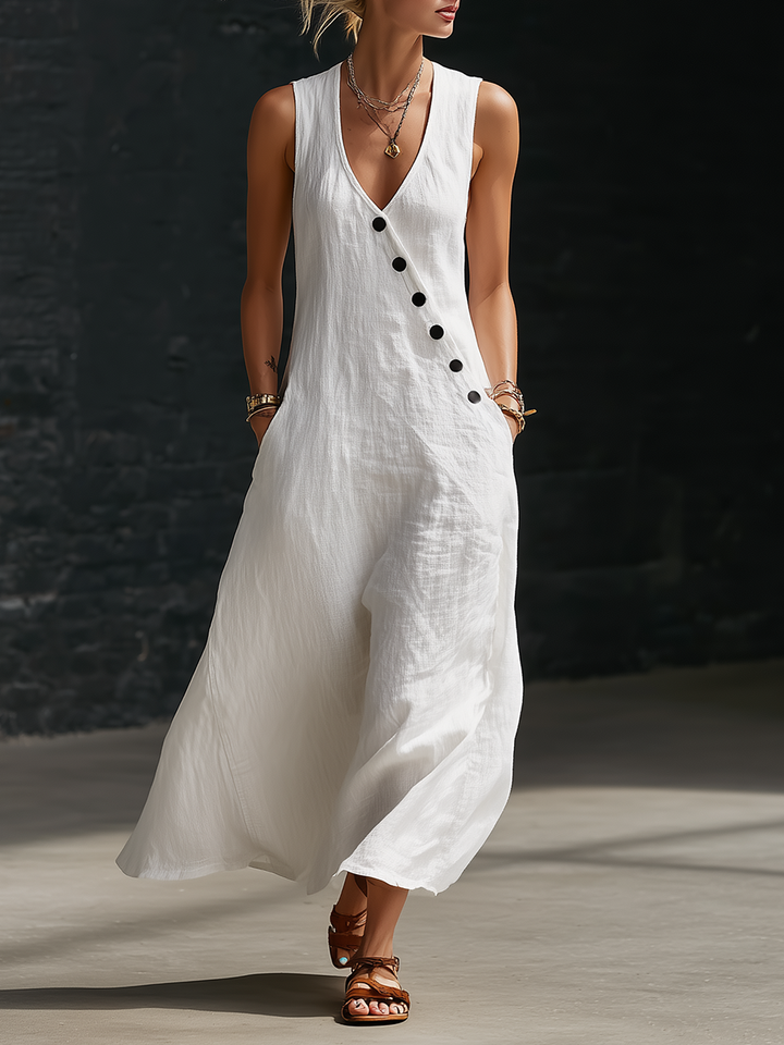 Linen Button-Up Women's Maxi Dress Sleeveless Sundress