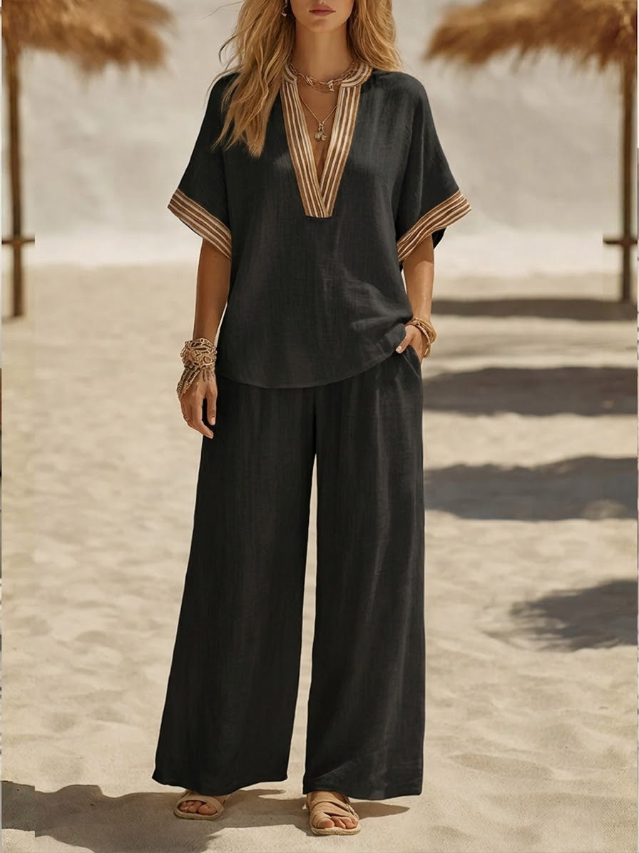 Women's Linen Two Piece Set Wide Leg Trousers and V Neck Tunic Top Outfit