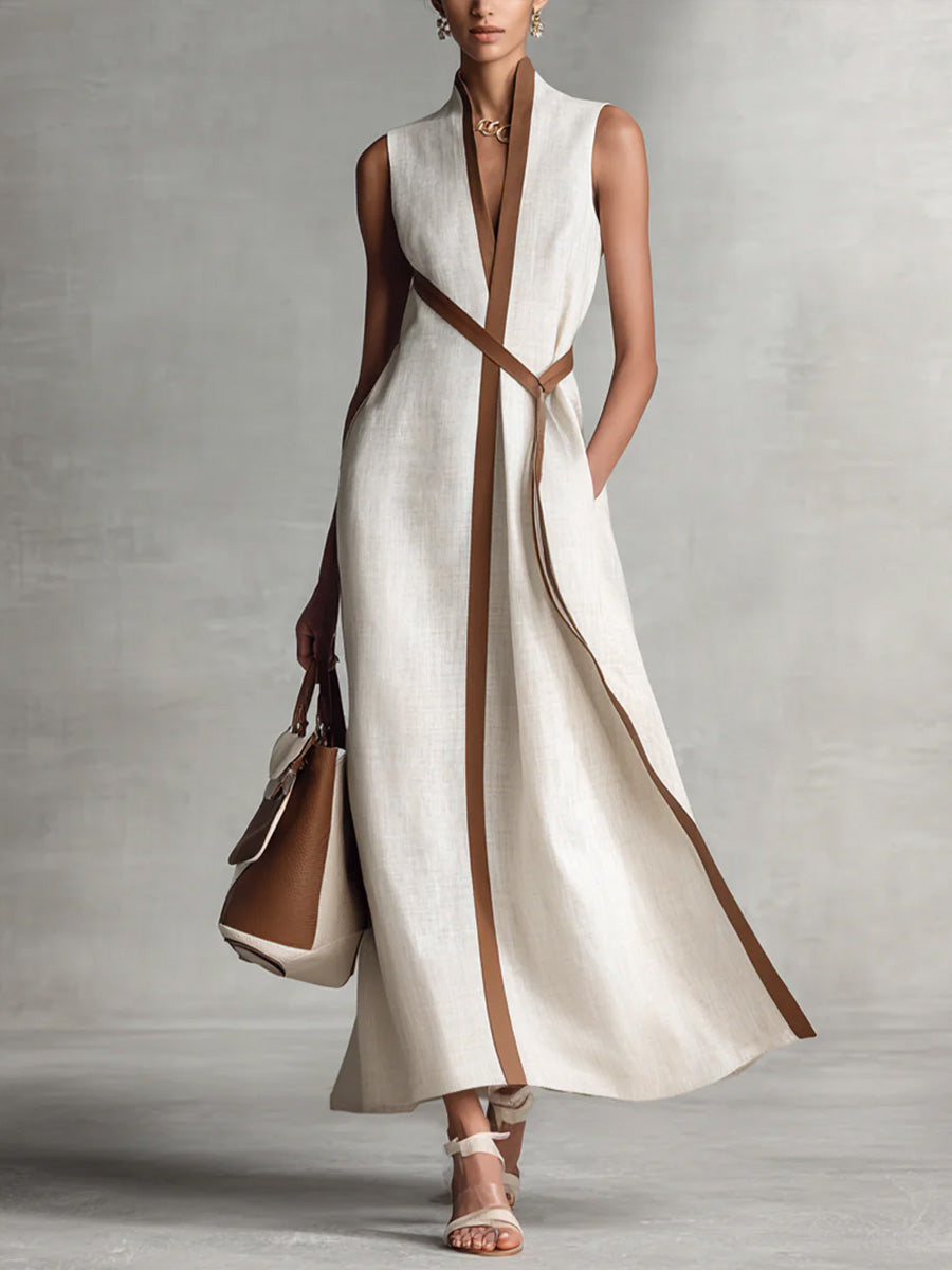 Women's Sleeveless Linen Maxi Dress with Belt Detail