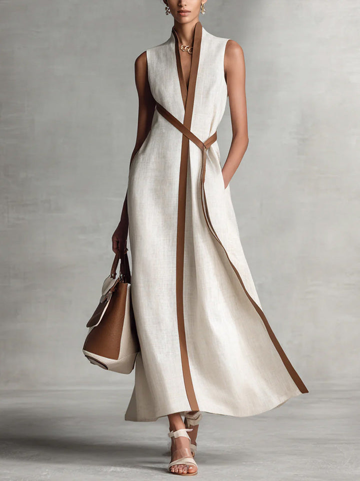 Women's Sleeveless Linen Maxi Dress with Belt Detail