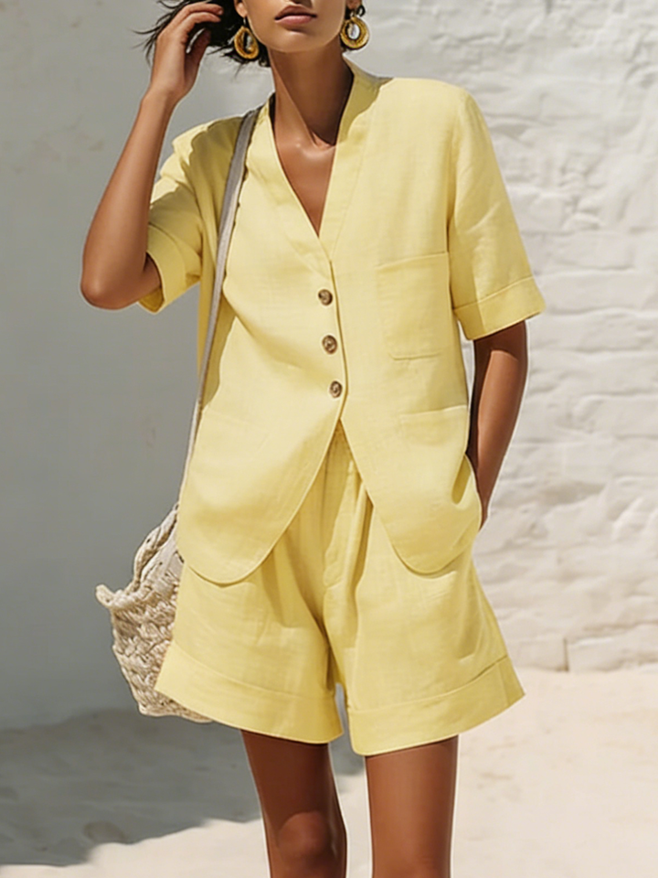 Women's Linen Two Piece Set  V-Neck Short Sleeve Button-Up & Shorts