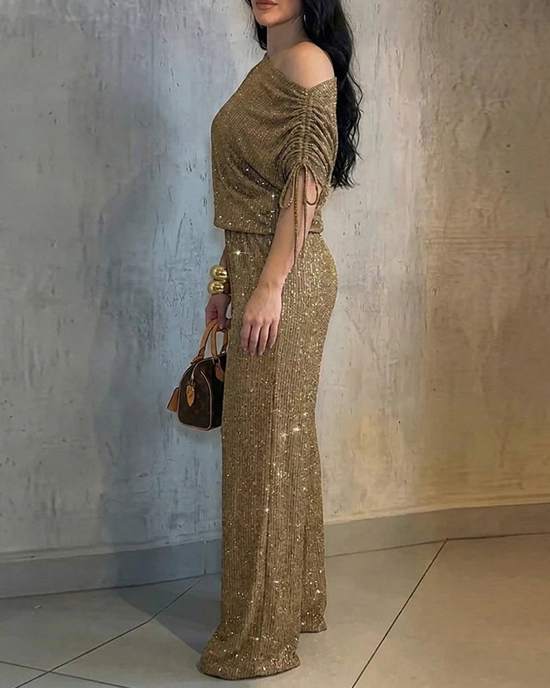 Women's Sparkle Knit Off-the-Shoulder Two Piece Wide Leg Set