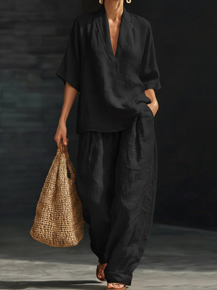 Sienna | Linen V-Neck Top and Wide Leg Trouser Set