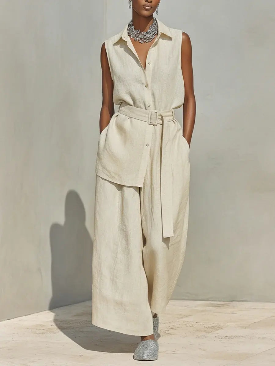 Women's Linen Sleeveless Shirt and Wide Leg Trousers Two Piece Set