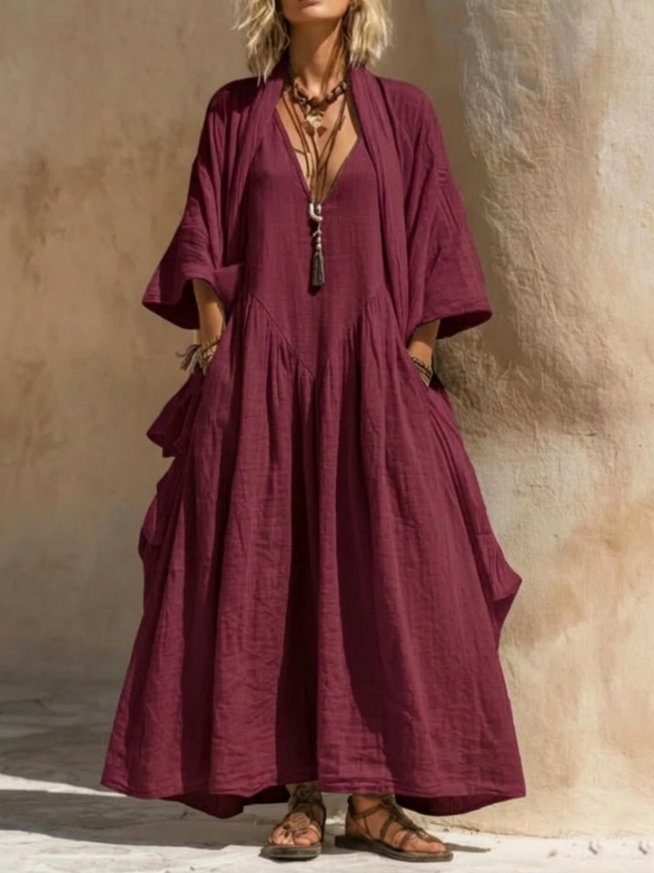 Women's Maxi Dress Linen Boho Kaftan Long Sleeve Gown Loose Fit Casual Gown