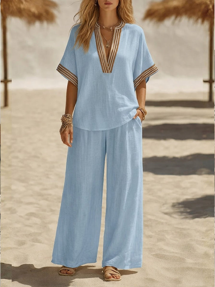 Women's Linen Two Piece Set Wide Leg Trousers and V Neck Tunic Top Outfit