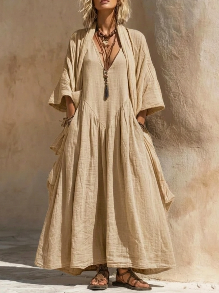 Women's Maxi Dress Linen Boho Kaftan Long Sleeve Gown Loose Fit Casual Gown