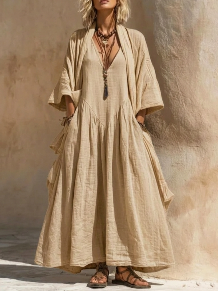 Women's Maxi Dress Linen Boho Kaftan Long Sleeve Gown Loose Fit Casual Gown