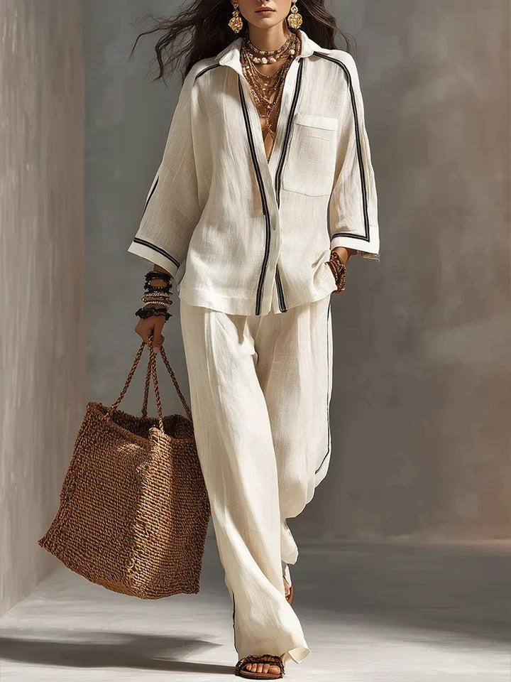Women's Linen Two Piece Set Wide Leg Trouser Suit Casual Outfit