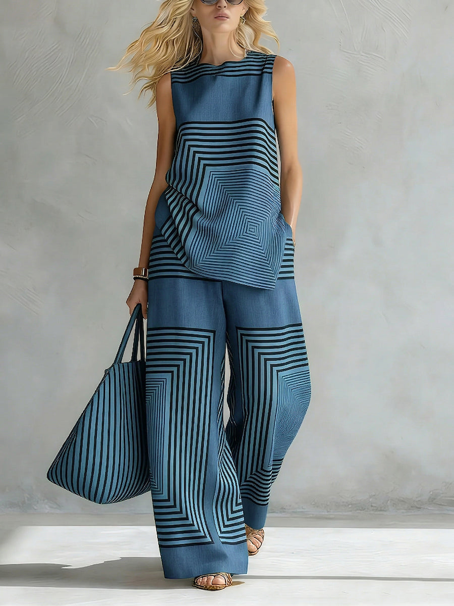 Women's Linen Geometric Print Sleeveless Top and Wide Leg Trousers Set