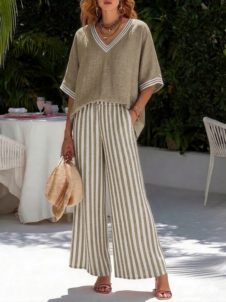 Women's Linen V-Neck Top and Striped Wide Leg Trousers Two-Piece Set