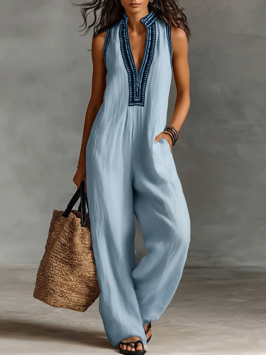 Women's Linen V-Neck Sleeveless Wide Leg Jumpsuit