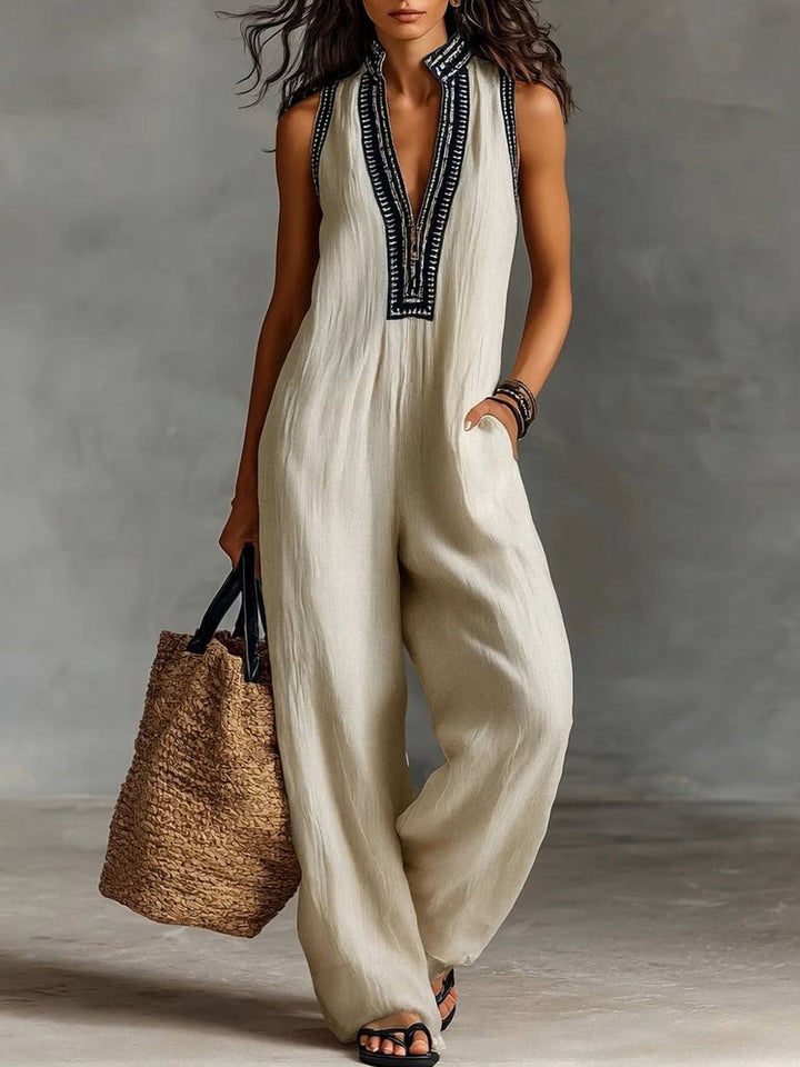 Women's Linen V-Neck Sleeveless Wide Leg Jumpsuit