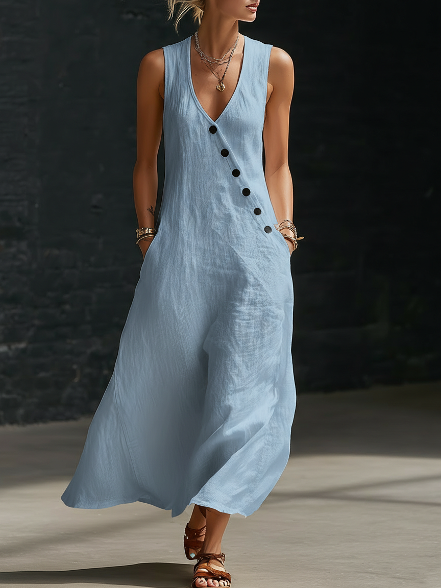 Linen Button-Up Women's Maxi Dress Sleeveless Sundress