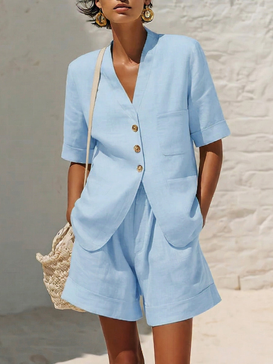 Women's Linen Two Piece Set  V-Neck Short Sleeve Button-Up & Shorts