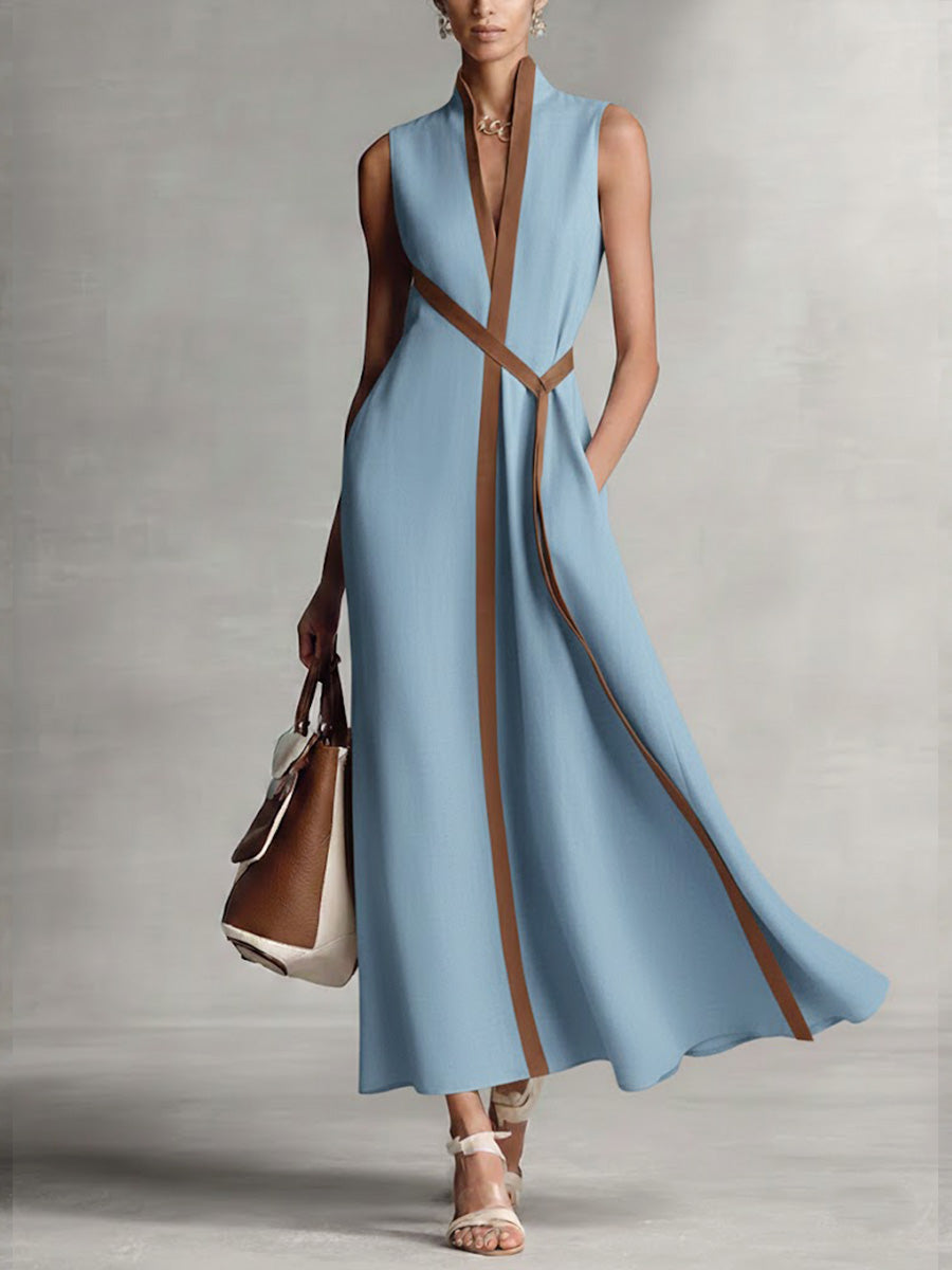 Women's Sleeveless Linen Maxi Dress with Belt Detail
