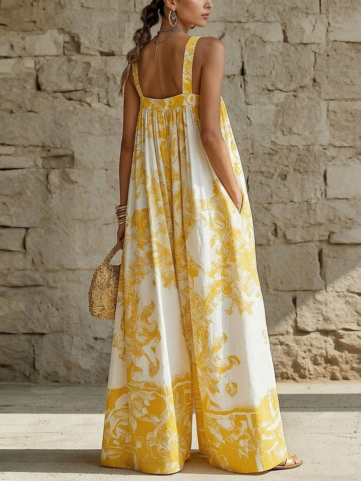 Women's Linen Floral Square-Neck Sleeveless Jumpsuit