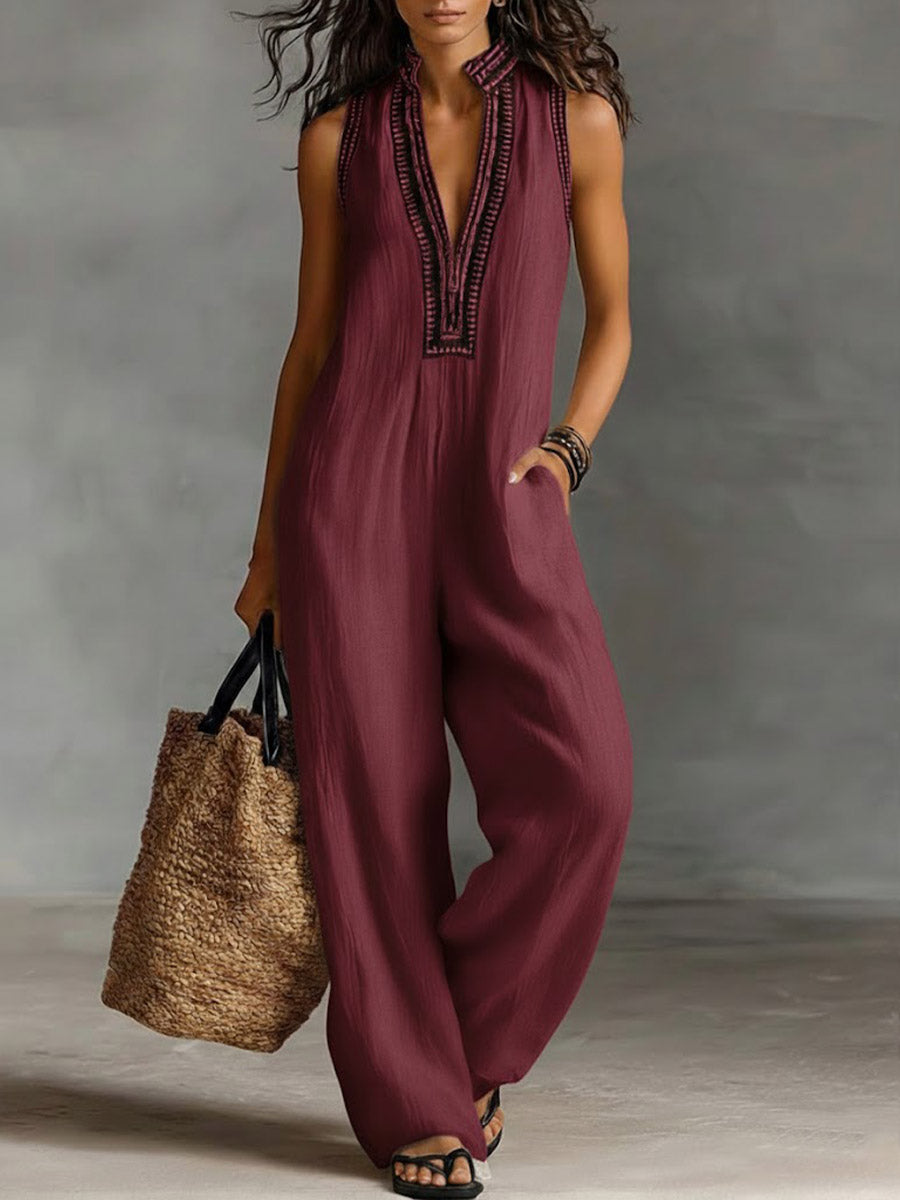 Women’s Linen Jumpsuit V-Neck Sleeveless Wide Leg Romper
