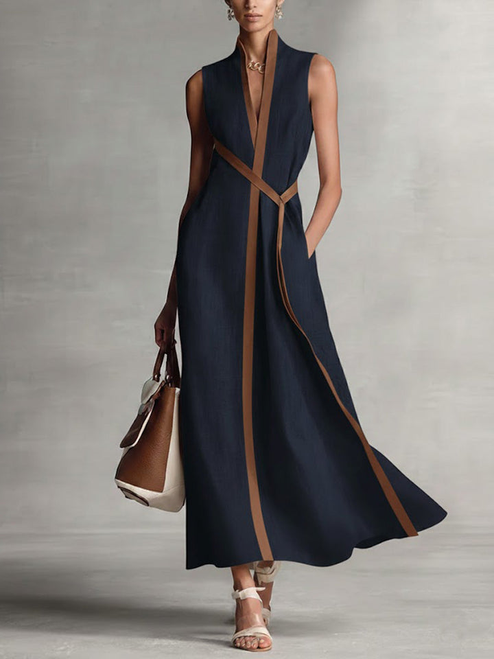 Women's Sleeveless Linen Maxi Dress with Belt Detail