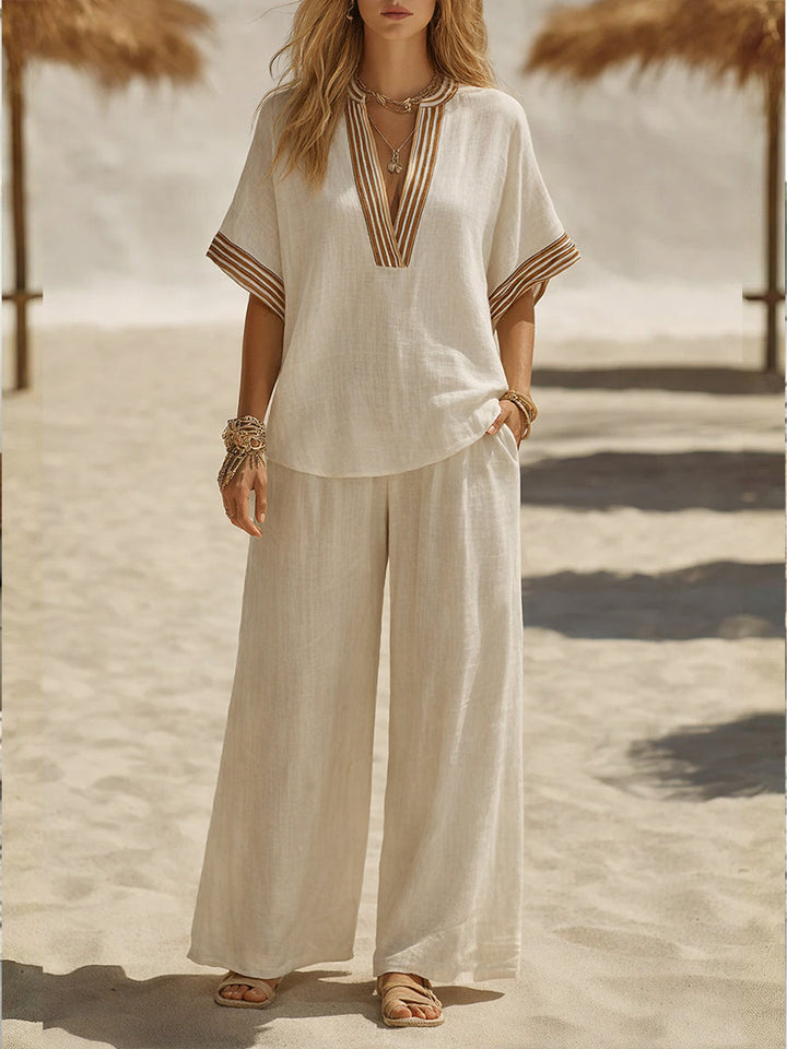 Women's Linen Two Piece Set Wide Leg Trousers and V Neck Top Co-ord