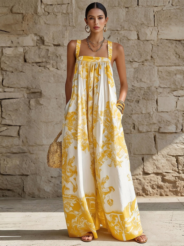 Women's Linen Floral Square-Neck Sleeveless Jumpsuit