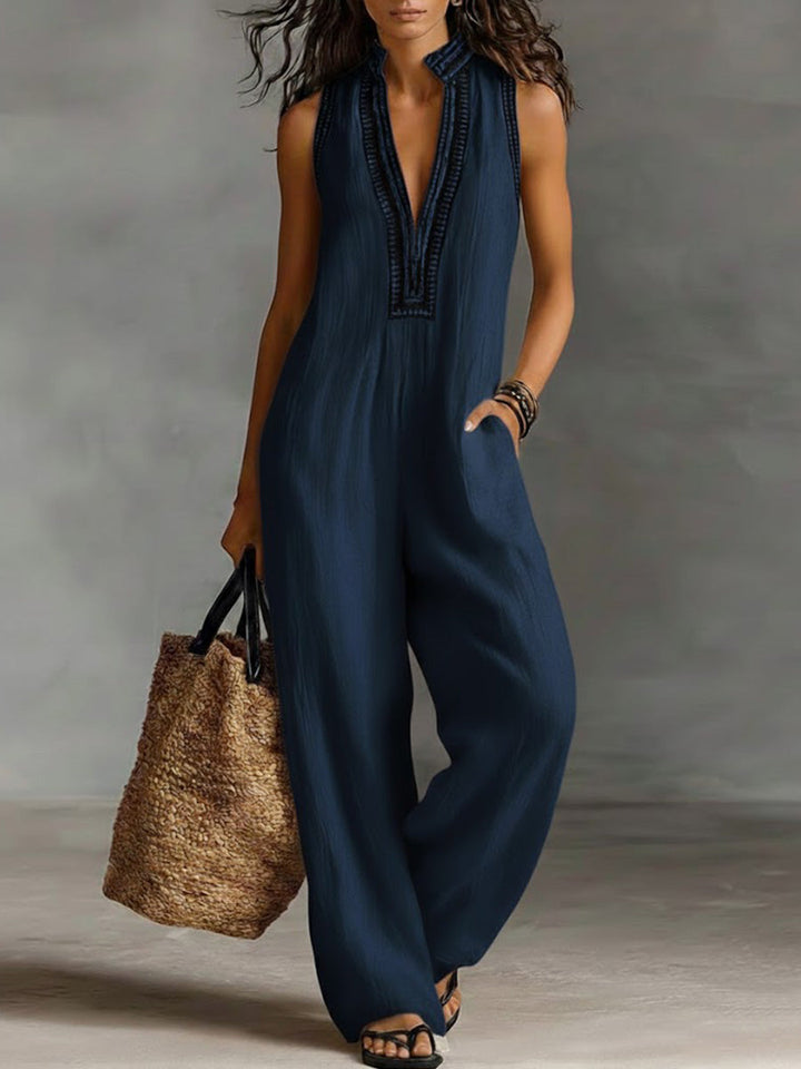 Women’s Linen Jumpsuit V-Neck Sleeveless Wide Leg Romper