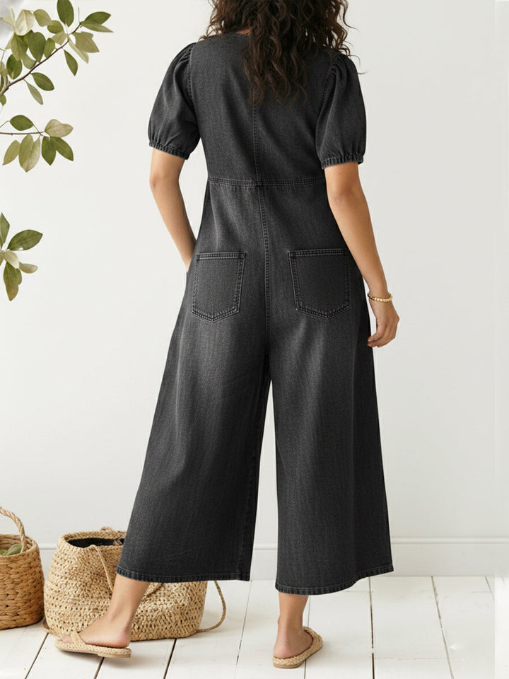 Women's Denim Tie-Front Wide Leg Jumpsuit Romper Overalls