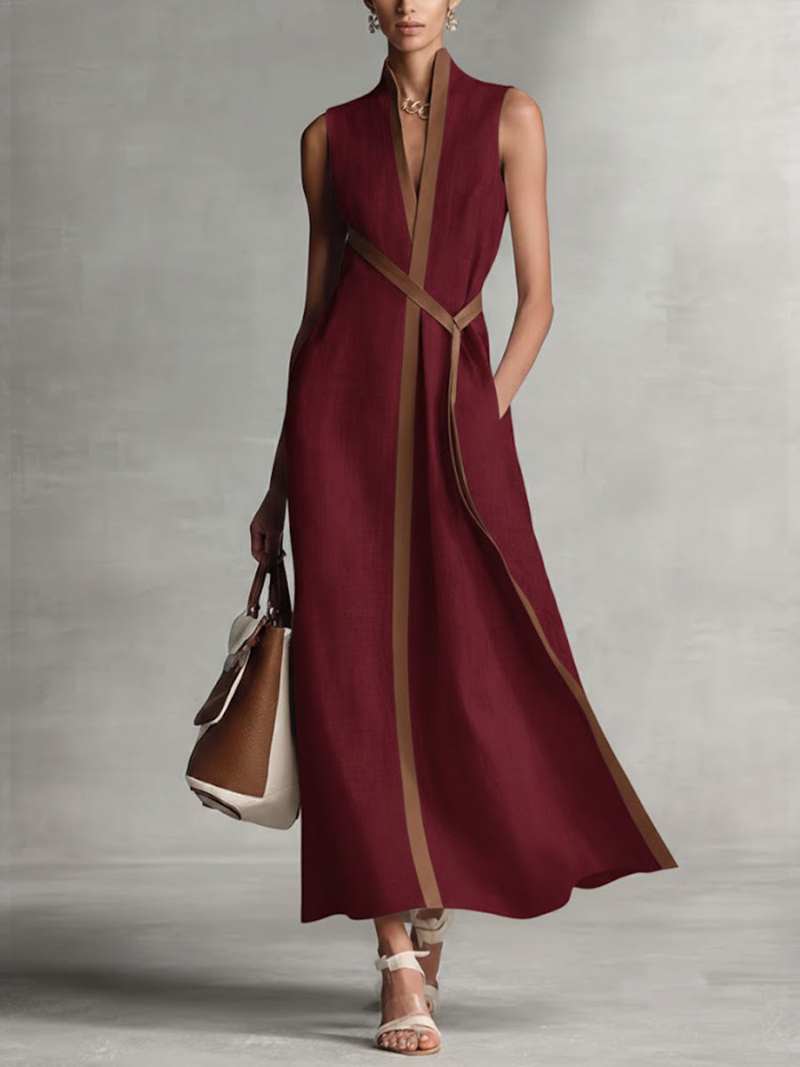 Women's Sleeveless Linen Maxi Dress with Belt Detail
