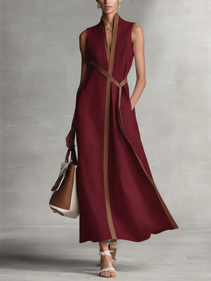 Women's Sleeveless Linen Maxi Dress with Belt Detail