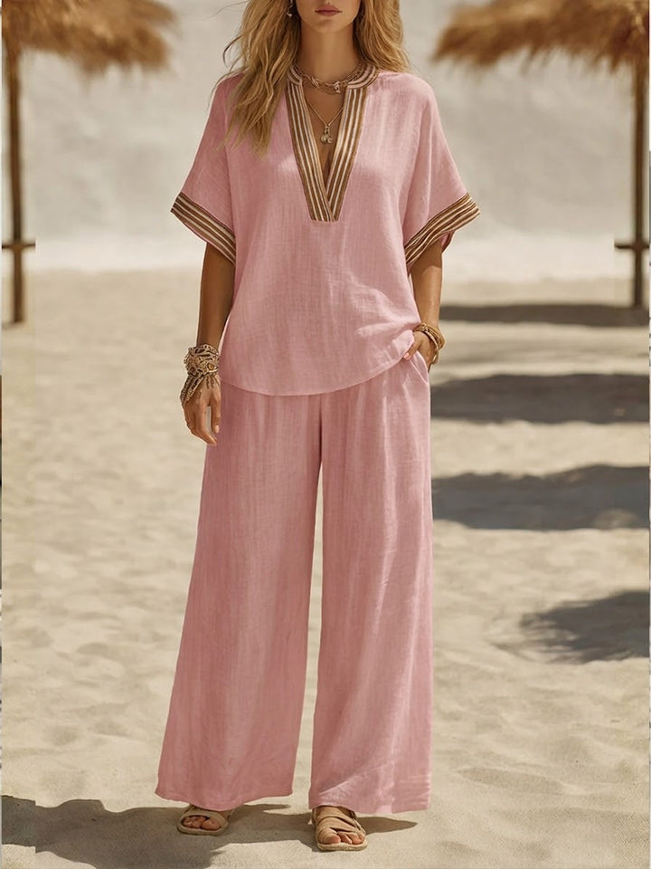Women's Linen Two Piece Set Wide Leg Trousers and V Neck Tunic Top Outfit