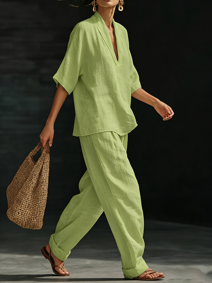 Sienna | Linen V-Neck Top and Wide Leg Trouser Set