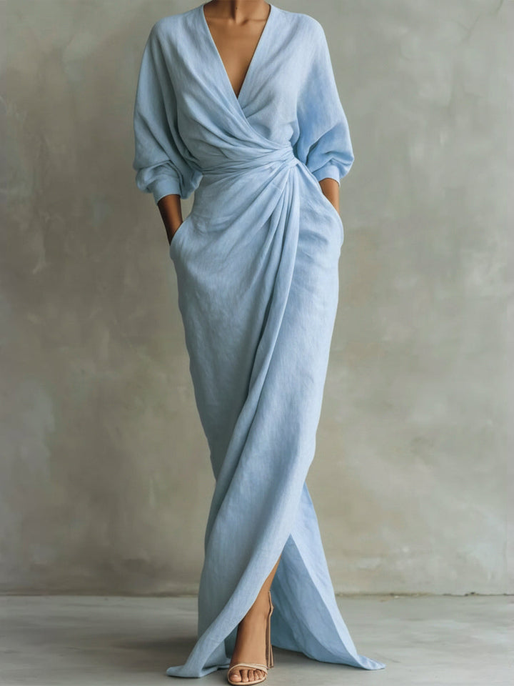 Una | Linen Wrap Drape Evening Maxi Dress