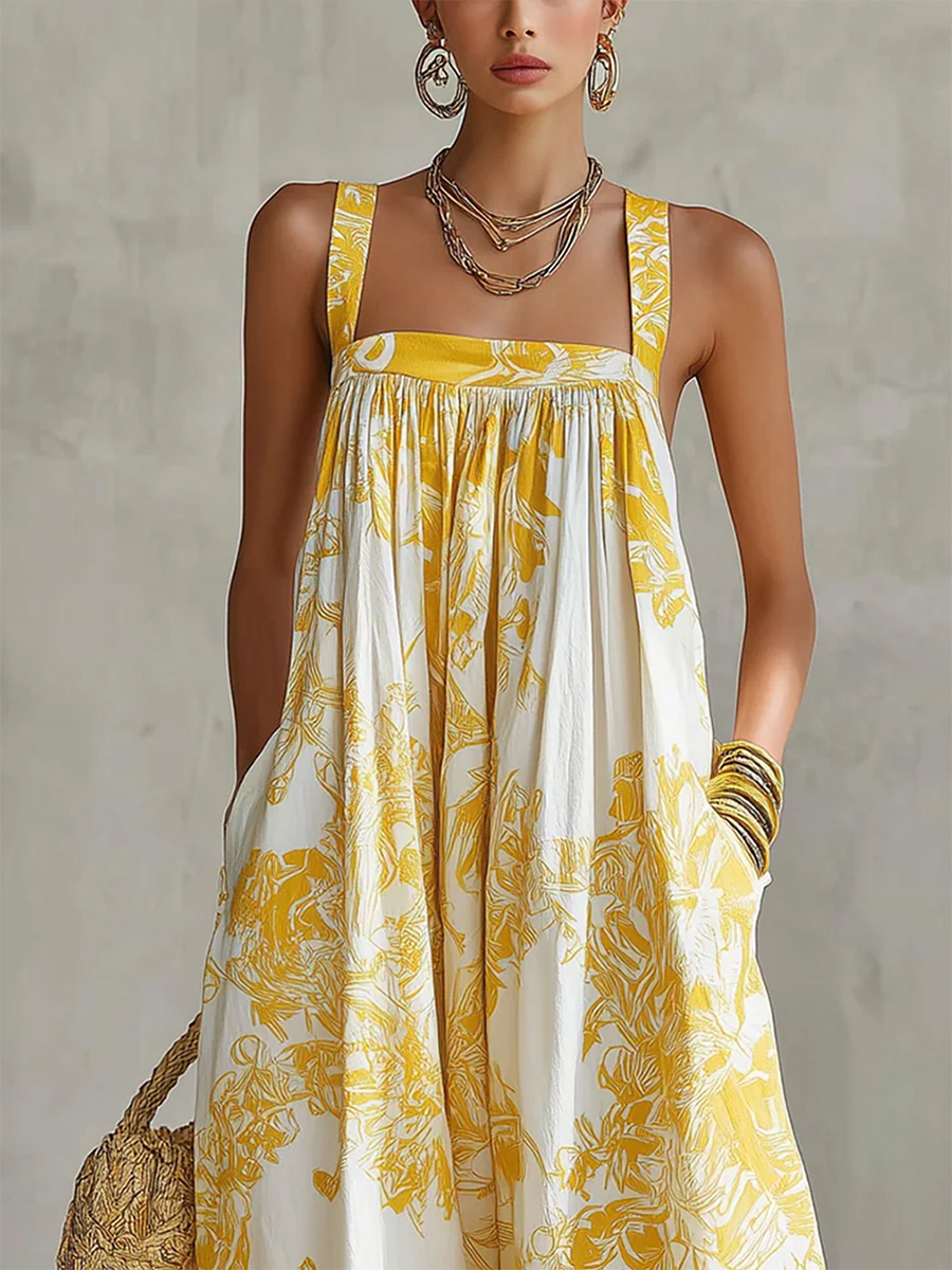 Women's Linen Floral Square-Neck Sleeveless Jumpsuit
