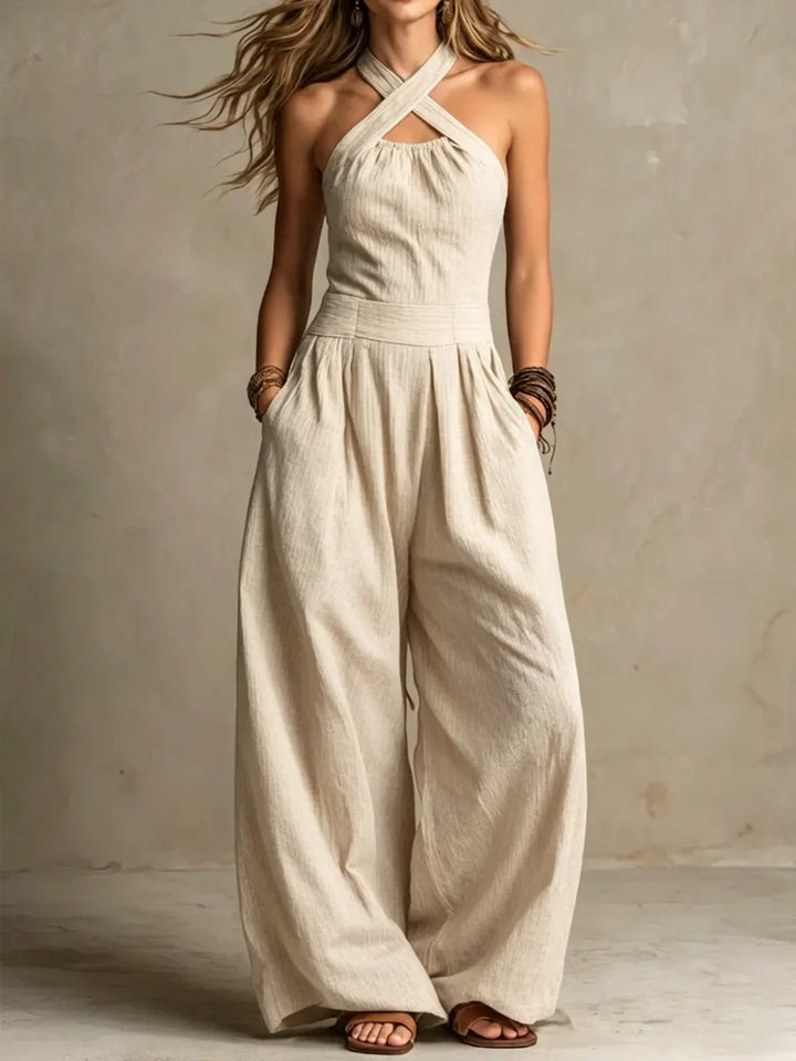 Women's Linen Halter Neck Wide Leg Jumpsuit