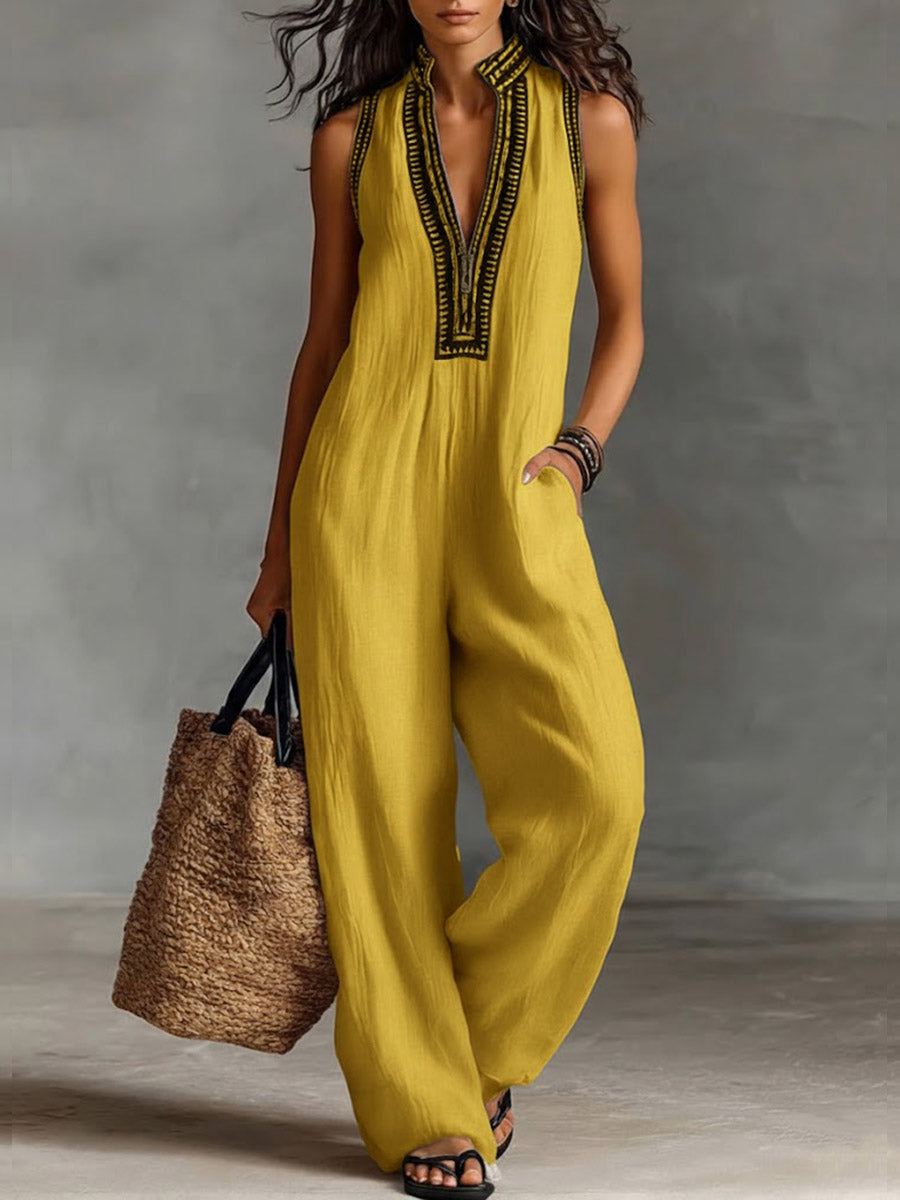 Women’s Linen Jumpsuit V-Neck Sleeveless Wide Leg Romper