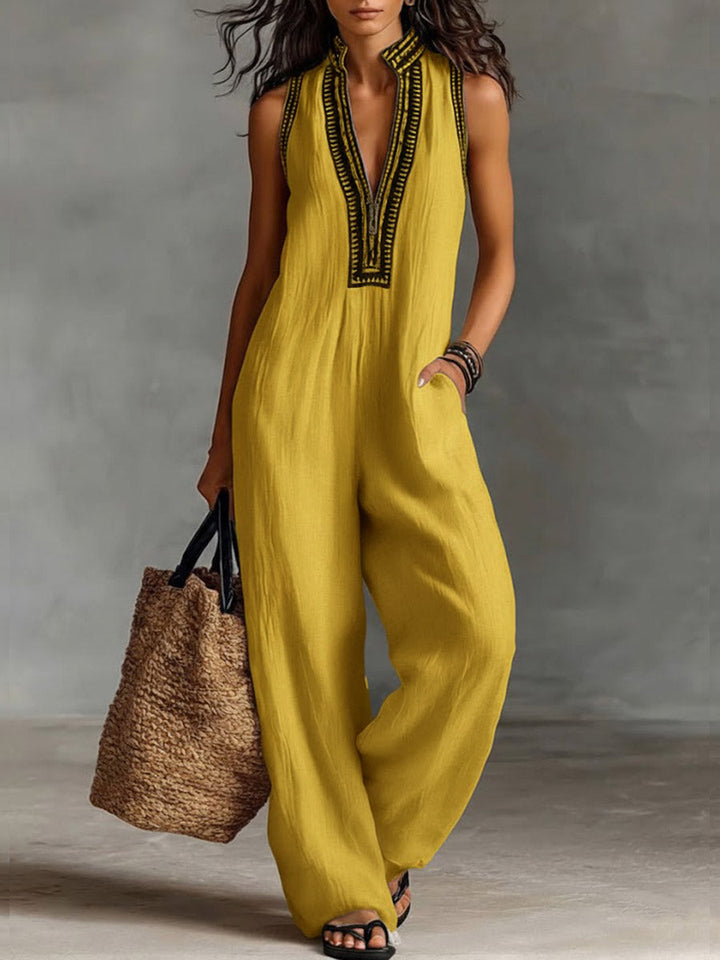 Women’s Linen Jumpsuit V-Neck Sleeveless Wide Leg Romper