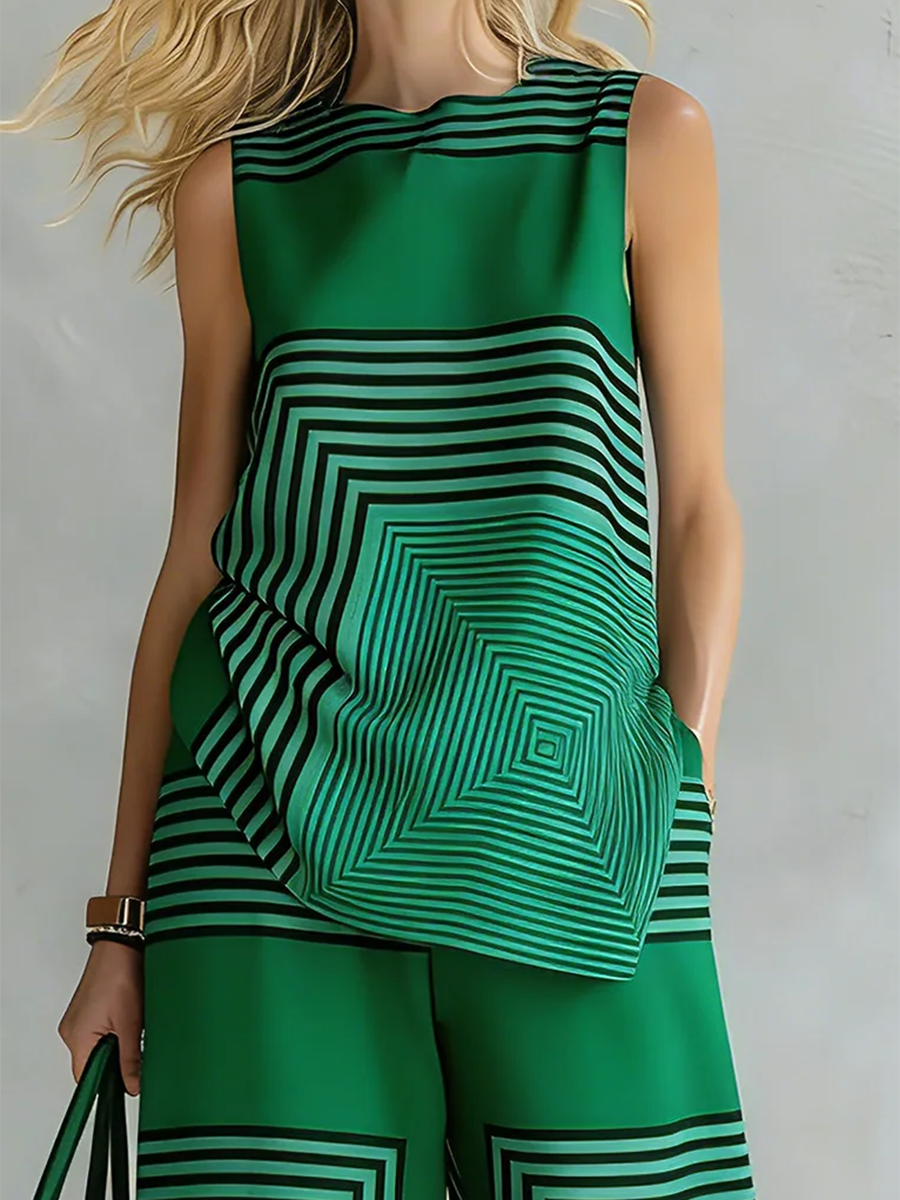 Women's Linen Geometric Print Sleeveless Top and Wide Leg Trousers Set