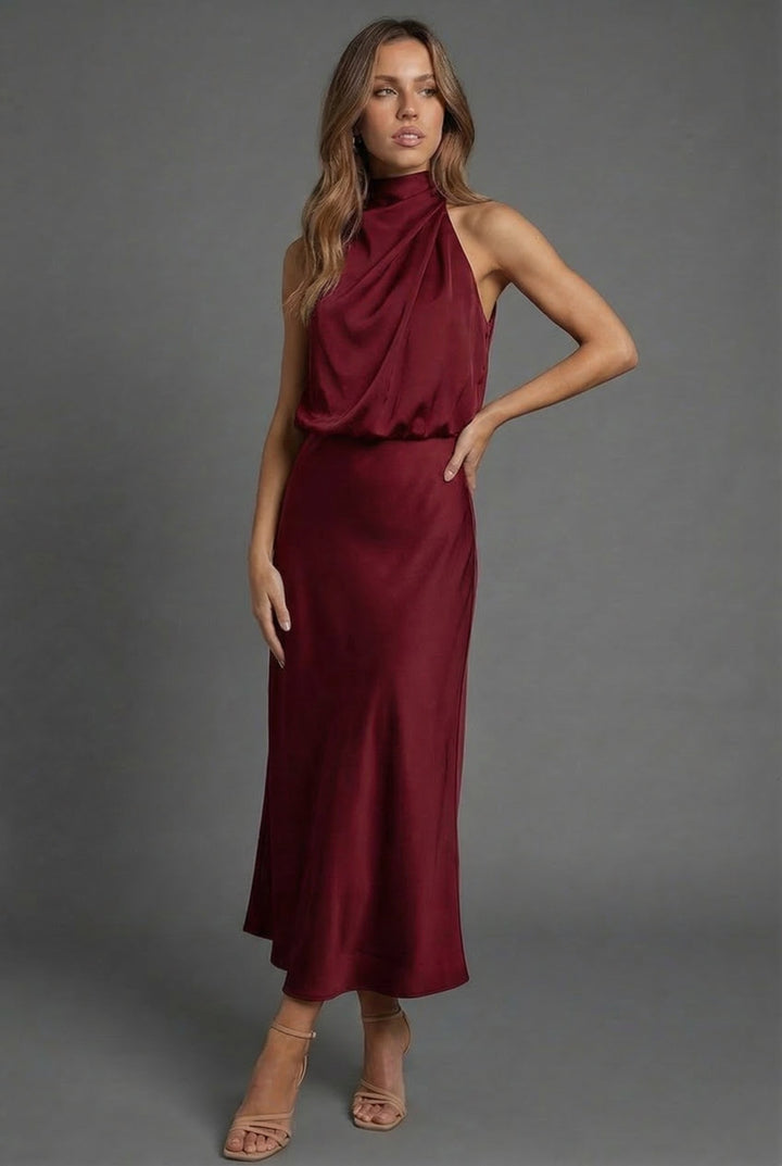 Halterneck Draped Satin Midi Dress — Sleeveless