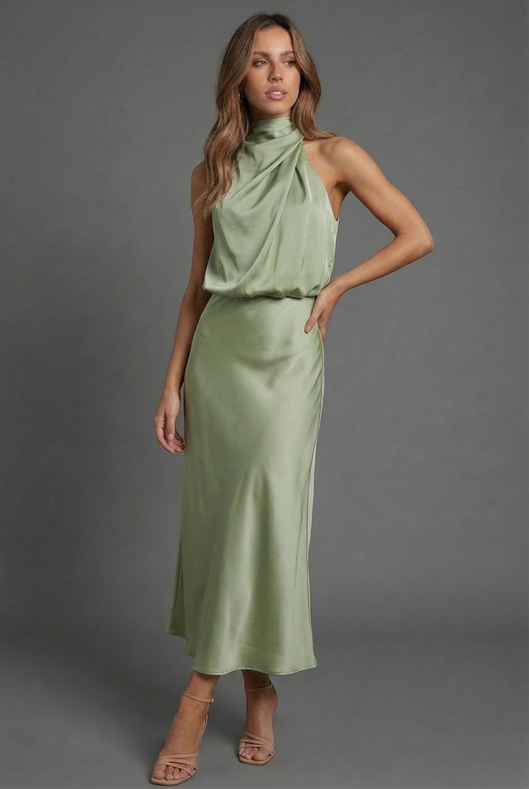 Halterneck Draped Satin Midi Dress — Sleeveless
