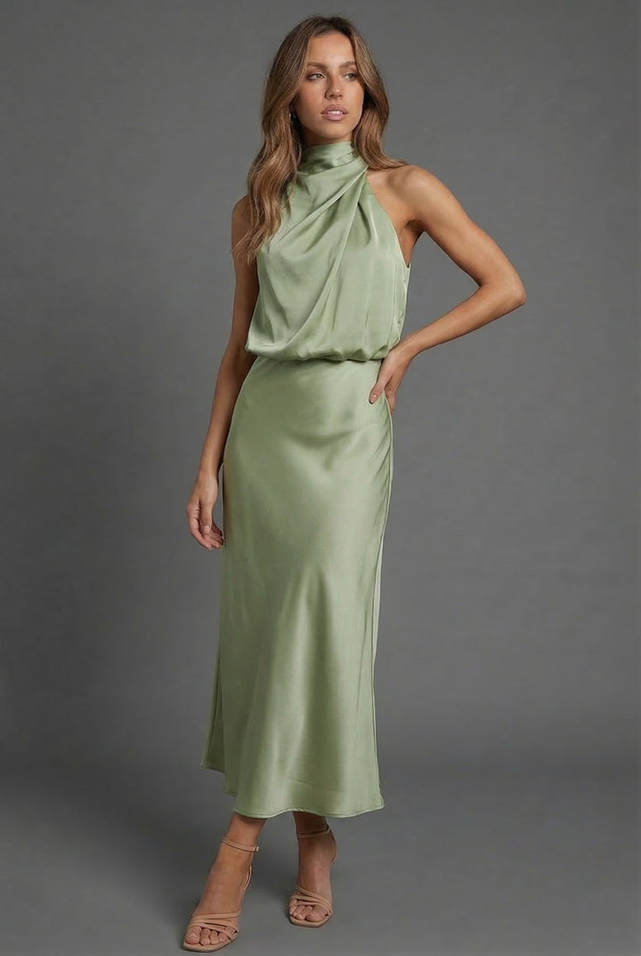 Halterneck Draped Satin Midi Dress — Sleeveless